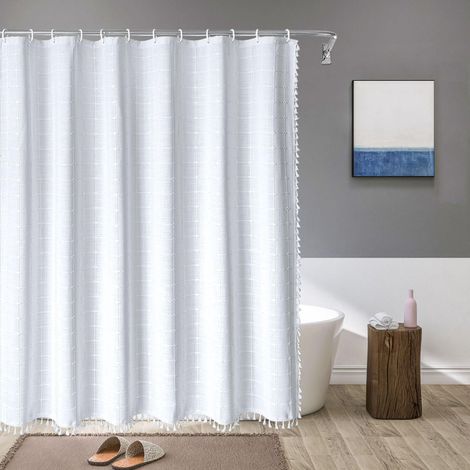 Rideau de douche en polyester et lin avec pompons, 180x180cm, blanc, imperméable, crochets inclus, qualité supérieure, anti-moisissure, facile à nettoyer, motif élégant (1/5)