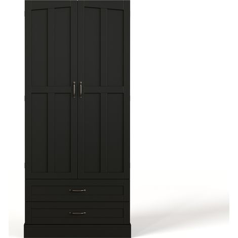 Hoher Küchenschrank schwarz aus MDF mit 3 Ausziehböden und 2 Schubladen 80x38x180 cm (1/5)