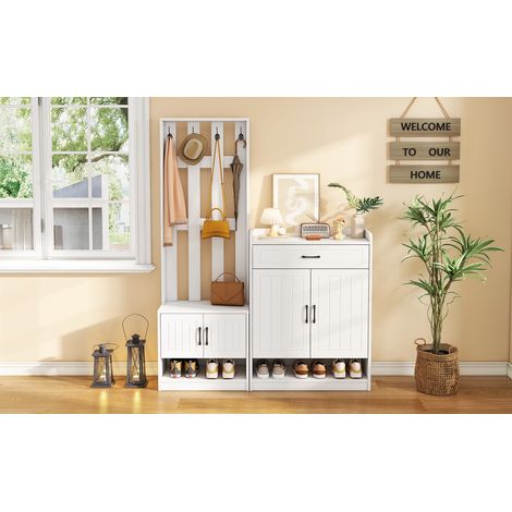 Ensemble vestiaire blanc 140,6 x 32 x 180 cm, vestiaire d’entrée avec panneau + meubles à chaussures, mat, meuble d’entrée, porte-manteau d’entrée, ensemble banc à chaussures