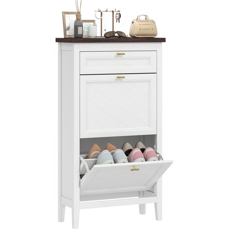 HOMCOM Shoe Cabinet with 2 Flip Drawers, Narrow Shoe Storage Cabinet, White