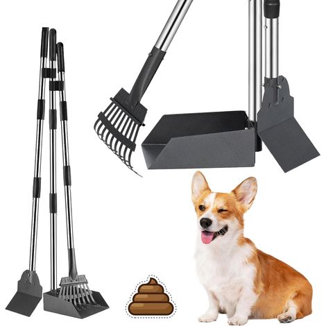 Pelle à Crotte pour Chien, Kit Pelle Ramasse Crotte pour Chien et Râteau Métal, Pelle à Crottes à Manche Long Réglable, Lot de 3 Pelle à déjections Canines et Râteau en Métal, 96cm de long (1/5)