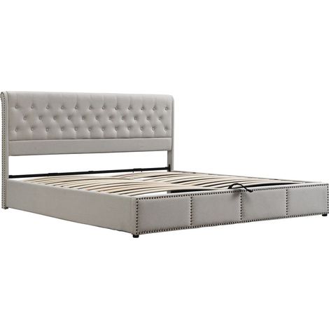 Lit capitonné en coton avec barres de pression hydrauliques, bordure en rivets, beige (sans matelas) - 140 x 200 cm (1/5)