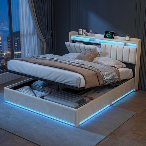 Lit coffre 140x190 cm avec sommier à lattes - cadre de lit simple adulte enfant avec éclairage led rgb et tête de lit de rangement avec prise usb type-c - velours beige (1/5)