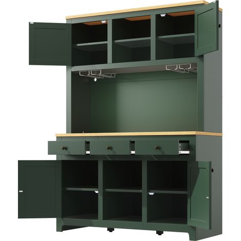 Mueble alto de cocina de MDF verde oscuro con puertas de ratán PE, cajones y LED (1/5)