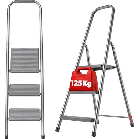 Escalera de acero, carga máxima 125 kg, 3 peldaños, peldaños antideslizantes, altura 160 cm, ancho 45 cm. (1/5)