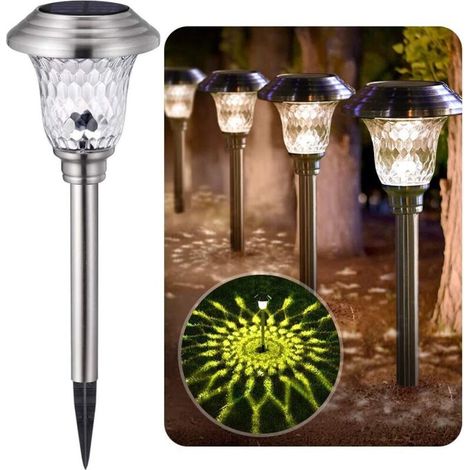 Lampe Solaire Jardin - Acier Inoxydable Verre - Blanc Chaud 6 Lm - Automatique Crépuscule à Aube - 41,9 Cm Hauteur - Lot De 4