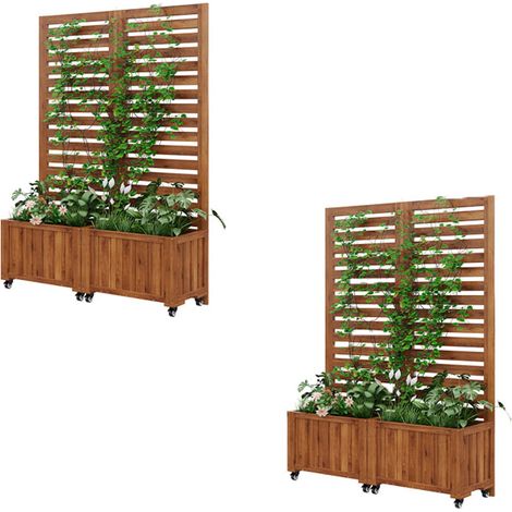 2er-Set pflanzkübel, Outdoo Pflanzgefäß mit Spalier als Kletterhilfe, Blumenkasten Pflanzkasten, Braunes Massivholz, Geeignet für Garten, Hof und Terrasse, Mit Klapp- und Universalrädern