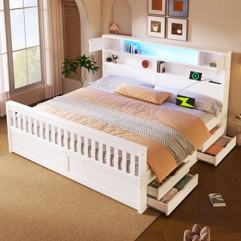 Cadre de lit, éclairage LED, USB, avec tiroirs, avec étagères, blanc, 180 x 200 cm, pour maison et usage quotidien, cadre stable