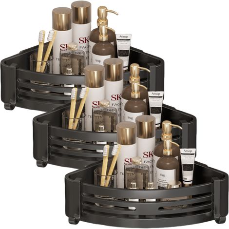 1 étagère d'angle de douche, aluminium anodisé, auto-adhésif sans perçage, avec crochets, pour salle de bain et cuisine (1/5)