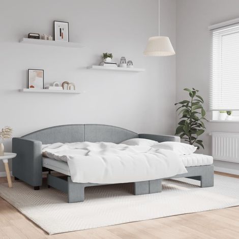 Daybed with Trundle and Mattresses Light Grey 90x190 cm Fabric vidaXL