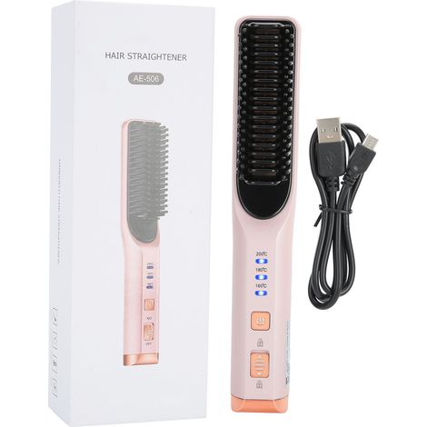 Fer à lisser 3 en 1, brosse lissante, boucleur USB, banque d'alimentation pour téléphone, outils de coiffure rose (1/5)