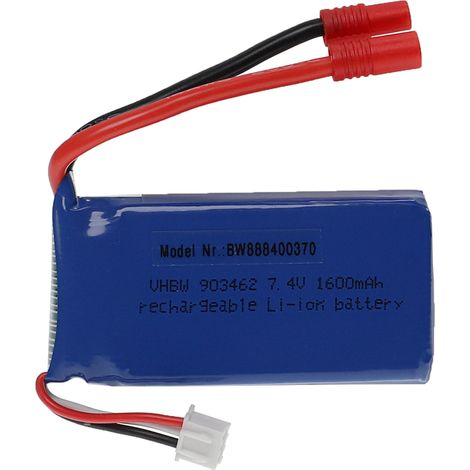 vhbw batteria con connettore banana 3,5 mm per modellismo per es. macchine da corsa, elicotteri, aerei (1600mAh, 7,4V, Li-Poly, 70 x 34 x 18 mm)
