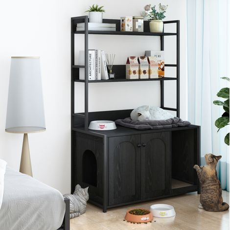 Meuble cache-litière avec étagère de rangement et 2 portes, griffoir, noir (1/5)