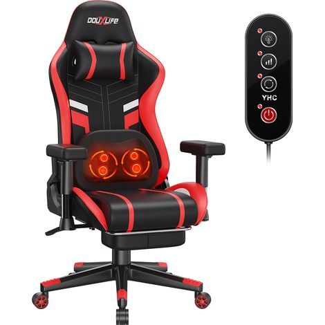 ergonomisch Gaming-Stuhl, Bürostuhl mit Knetmassage- und Heizfunktion, hoher Rückenlehne, Lendenwirbelstütze mit Fußstütze, gepolsterte 2D-Armlehnen verstellbar,-Schwarz+Rot
