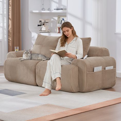Canapé modulaire velours côtelé 2 personnes emballé sous vide combinable librement porte-gobelet sac rangement latéral salon familial minimaliste (1/5)