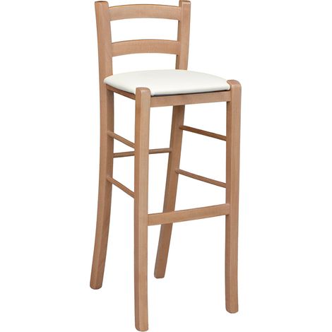 Sgabello alto H 80 in legno noce chiaro con schienale e seduta similpelle crema (1/5)