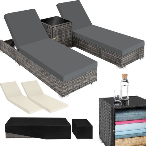 Lot de 2 bains soleil résine tressée aluminium table rangement gris