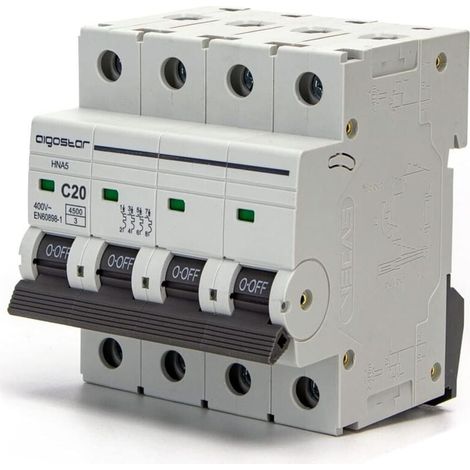 Automatischer Leitungsschutzschalter mit 4-poligen Sicherungen, 20 A, 6 kA, 74,5 mm x 71 mm x 81 mm, weiß (1/4)
