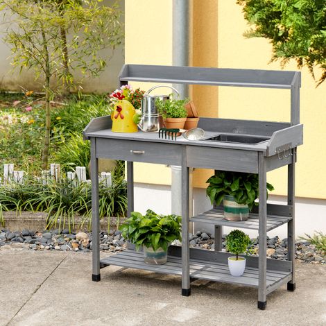 Table de rempotage multi-équipée table de jardinage avec tiroir, 3 étagères, évier, 3 crochets - table de plantation bois sapin pré-huilé gris (1/5)
