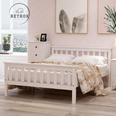 Lit double en bois massif - 140x200 cm - Pin blanc pour adultes, enfants, adolescents (1/5)