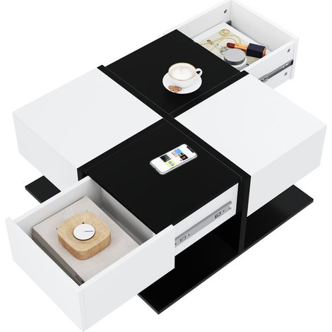 Table basse carrée 70 x 70 x 35,5 cm noir et blanc, 2 tiroirs, rangement discret, design moderne pour salon, structure en panneau de particules  CHICFURN (1/5)