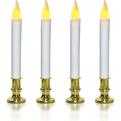 Lot de 4 Bougies LED pour Fenêtre, Minuterie 6H, Flamme Vacillante Réaliste, Socle Doré Amovible, Décoration de Noël (1/5)