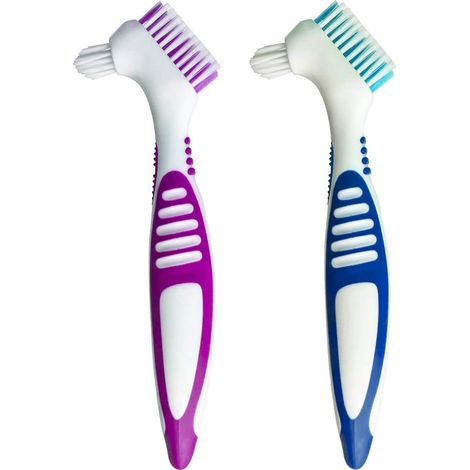 Lot de 2 brosses à dents double tête pour prothèses dentaires, brosse de nettoyage ergonomique et portable avec plusieurs poils pour l'entretien des prothèses (couleur aléatoire) (1/5)