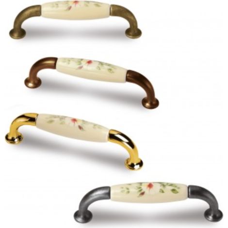 Tirador Gele 9770 - Marfil, decorada/Bronce viejo. 110x14x31mm. Entrepuntos 96mm.
