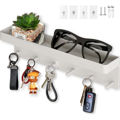 Porte Clef Mural à 6 crochets, 2 Façons Installer Porte Clé Mural et Porte-Courrier Décoratifs, Accroche Clé Mural pour Entrée, Couloir, Bureau. Blanc (1/5)
