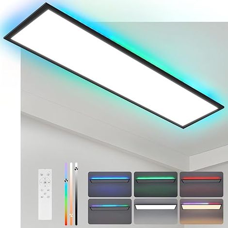 GBLY Pannello LED 120x30 Dimmerabile Lungo piatto Lampada a soffitto RGB Cambio colore Pannello soffitto con telecomando 36W Nero Grande Rettangolare Lampada ufficio per stanza di gioco ufficio soggio