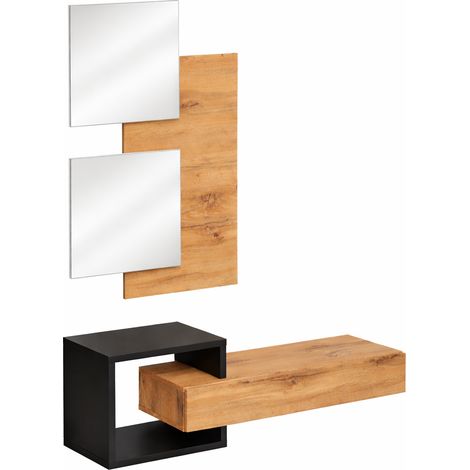 Set Ingresso Moderno Con Specchi Pensile A Giorno Mensola Con Cassetto Salvaspazio Mobile Da Parete Design Nordico Per Corridoio Zona Living 100 x 160 x 30 Cm Nero E Rovere (1/5)