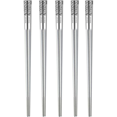 5 paires Baguettes en métal, acier inoxydable, 23,5 cm, antidérapantes, coffret cadeau (1/5)