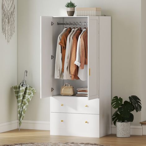 Armario de dormitorio con espejo, 2 puertas, 2 cajones y barra para colgar ropa, 80 x 50 x 180 cm, blanco.
