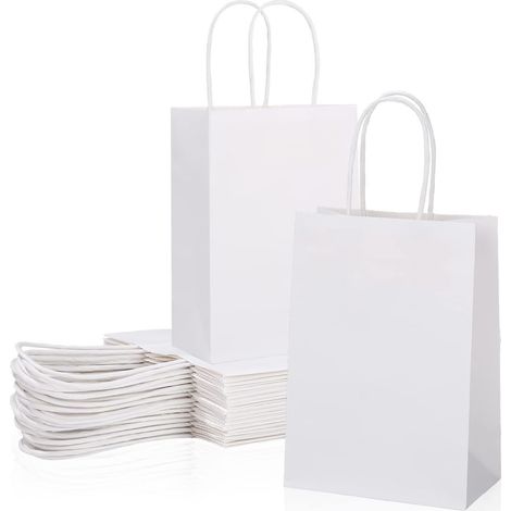 60 Papiertüten mit Henkeln, weiß, Geschenktüten, Kraftpapiertüte, Geschenkverpackung für Gastgeschenke, Verpackung, verstellbar, Tragetasche, 21 x 16 x 8 cm (1/5)
