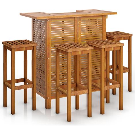 Set de 1 Table et 4 Tabourets de bar de jardin, Ensemble Table et Chaises Bois d'acacia massif OIB3858E (1/5)