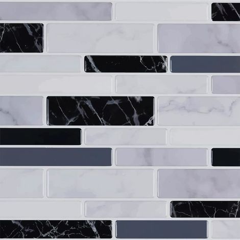 Lot de 10 feuilles de carrelage adhésif noir blanc avec motif marbre,crédence cuisine en vinyle effet mosaïque, 30 x 30cm (1/3)