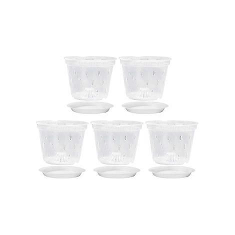 Lot de 5 pots transparents pour orchidées, ajourés et respirants, avec soucoupes, pour plantes d'extérieur.