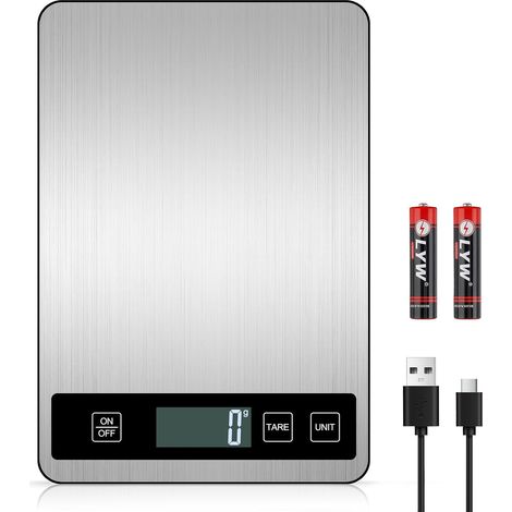 Digitale Küchenwaage, 15 kg Tragkraft, 1 g Genauigkeit, wiederaufladbare Backwaage, Tasten, Edelstahl, leicht zu reinigen und kratzfest, Tara-Funktion, Einheiten: g/kg/lb/oz/ml (1/5)