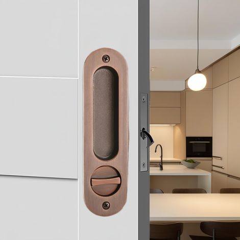 Verrou de porte coulissante de poche avec bouton tournant pour porte intérieure en bois, poignée de porte encastrée invisible avec clé, serrure à mortaise à clé (bronze rouge) (1/5)