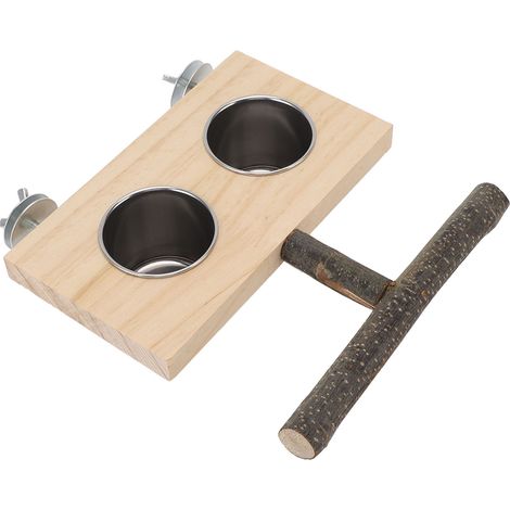 Mangeoire pour cage à oiseaux avec support de perche, tasse à nourriture en acier inoxydable, bol d'alimentation en bois pour perruches et calopsittes (1/5)