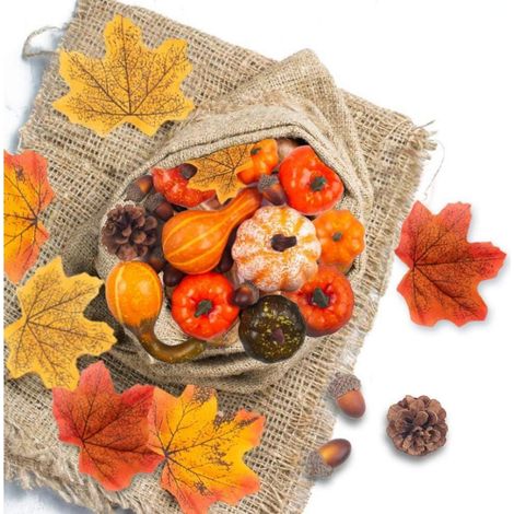 Künstliche Kürbisse Set 50tlg. mit Ahornblättern, Eicheln & Tannenzapfen für Herbstdeko (1/5)