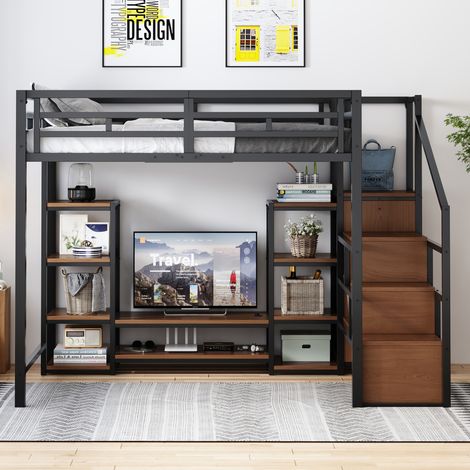 Lit mezzanine 140x200 cm avec TV intégré, prise, échelle avec rangement, métal et MDF, lit gain de place multifonction pour ado et adulte, noir (1/5)
