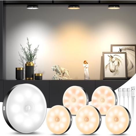 Lot de 6 Noir Veilleuse LED avec Détecteur de Mouvement, Lampe Detecteur de Mouvement Interieur Rechargeable USB, 3 Couleurs, pour Escalier, Chambre, Cuisine (1/5)