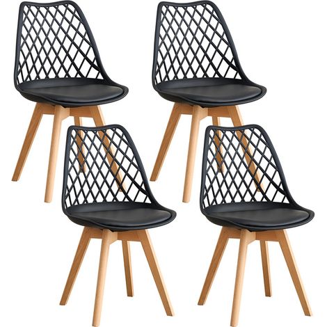 Wokaka Confezione da 4 sedie da pranzo - Scandinave - Schienale a rete - Cuscino seduta in pelle (Nero)