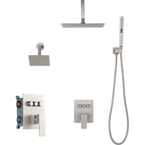 Mophorn Duscharmatur Set mit 10-Zoll-Regenduschsystem, 6-Zoll-Wandmontagekopf und 2-in-1-Handbrause, drehbarem 3-Funktions-Doppelregenkopf, Messingventil und Verkleidungssatz (1/5)