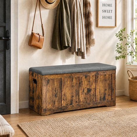 Coffre de Rangement, 2 Charnières de Sécurité, Style Rustique pour Entrée, Chambre, 41 x 101 x 49 cm, Marron et Gris (1/5)