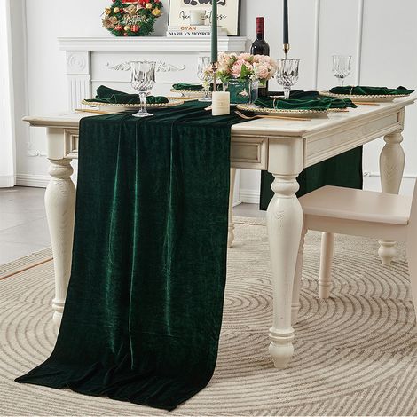 Chemin de Table en Velours Vert Sapin 74x305cm Décoration Table Noël Mariage Banquet Fête Luxueux Lavable (1/4)