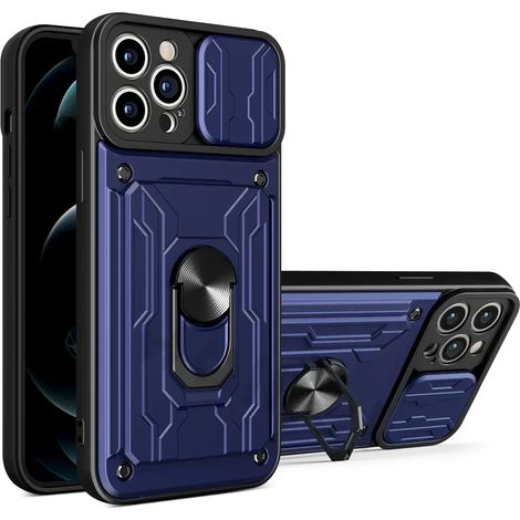 (Bleu, iPhone 14) Étui de téléphone à anneau magnétique 360° avec emplacement pour carte SIM et protection coulissante pour la caméra. (1/5)