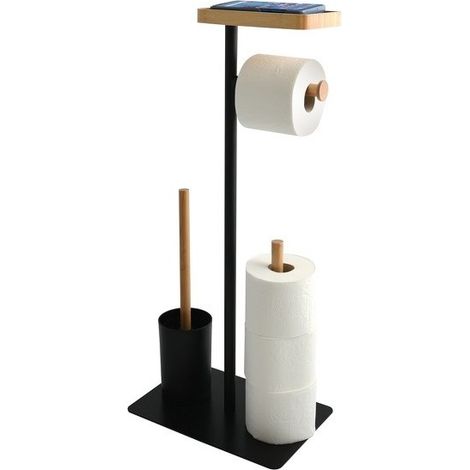 MSV – Combiné wc avec support smartphone – Bambou noir et acier – Dimensions 29,5x20x67cm – Solution 3 en 1 pour toilettes