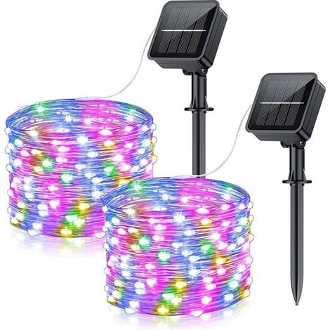 Lot de 2 guirlandes lumineuses solaires, 15 m / 150 LED multicolores, étanches et façonnables, pour jardin et extérieur